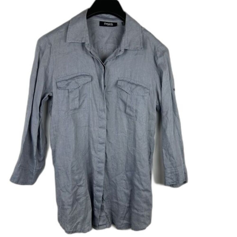 Threads by Sakes Fifth avenue button front roll tab linen long blouse size M